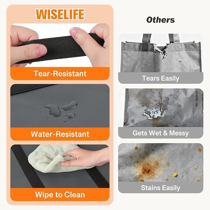 WISELIFE Reusable Grocery Bags, Foldable, Lasting Use, 35L, 4 Pack, Gray | Large Shopping Bags with Reinforced Stitching, Water-Resistant Grocery Totes for Kitchen, Market, Car Trunk, Picnic - Image 2