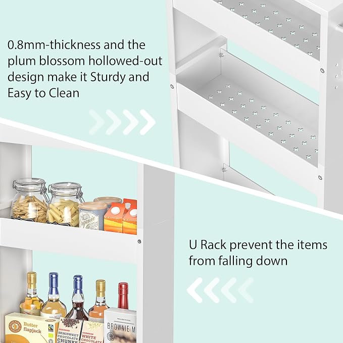 CHLORYARD Slim Storage Cart, 4-Tier Kitchen Rolling Cart Narrow Storage Cabinet with Handle & Wheels, Metal Rolling Shelf Unit for Kitchen Bathroom Laundry Small Places (5.9IN White/White) - Image 6