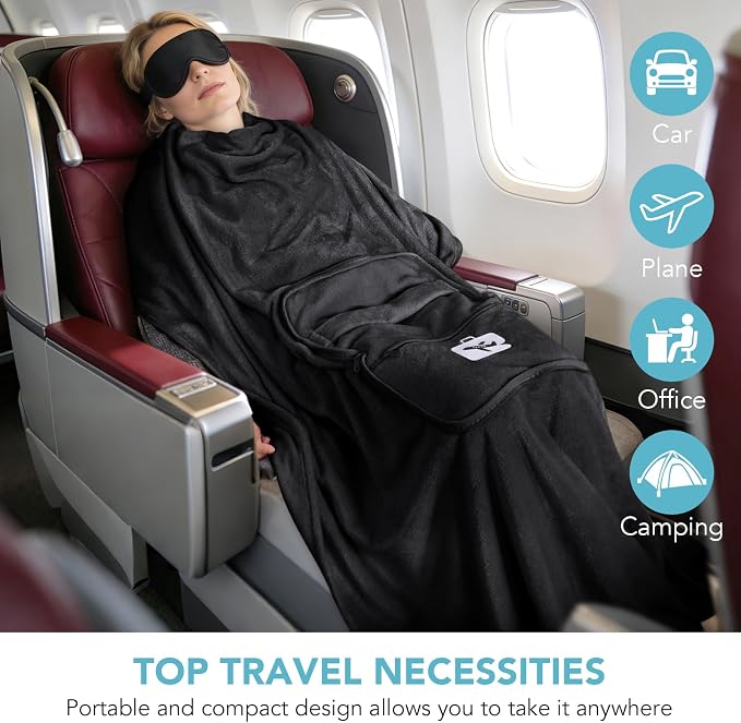 Travel Pillow and Blanket 2-in-1 Set Airplane Black 60x50 Inch | Plane Packable , Soft Warm and Lightweight Flannel, Hand Luggage Sleeve and Backpack Clip, Plane Flight Car Trips - Image 5