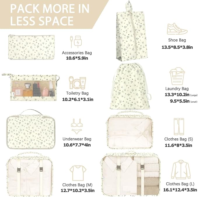 KPX 8 Set Packing Cubes for Travel, Luggage Packing Organizers Accessories Large Toiletries Bag for Clothes Shoes Cosmetics (8Set-Gray Flower) - Image 2