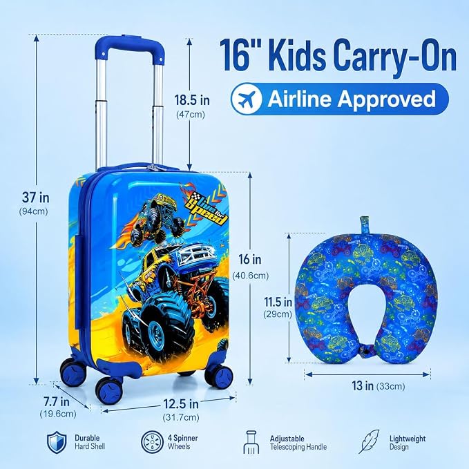 Lightweight Hardshell Spinner Kids Luggage Set 2PCS with Wheels - Airplane Approved Carry-On Suitcase for Boys & Children Ages 3-10, Car Rolling Suitcases Set for Elementary Toddler Travel - Image 5