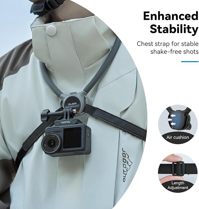 TELESIN Action Camera Neck Mount SE 2.0 with Chest Strap, Gray | Air-Cushioned Neck Mount with 90° Rotation and Chest Strap; Fits GoPro, DJI Osmo Action, Insta360 and AKASO Cameras. - Image 2