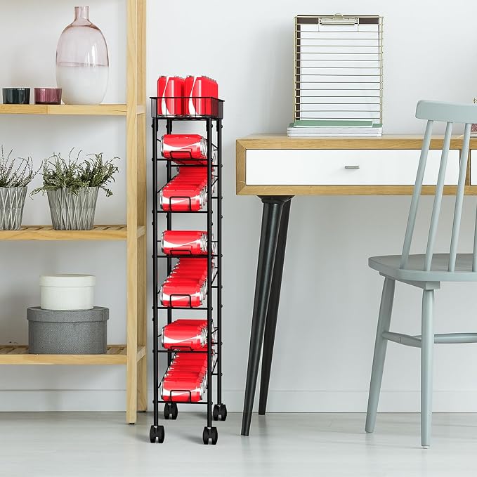 Slim Can Organizer Cart, Iron Narrow Soda Dispenser Rack for Kitchen, Black | Black,Canned Food Organizer, On Wheels, Top Basekt, Automatic Rolling Storage, for Narrow Space. - Image 6