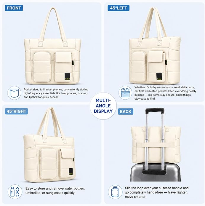 Women Quilted Tote Bag,Lightweight Puffer Travel Bag with Multi Compartment,Luggage Sleeve & Water Bottle Pockets - Image 7