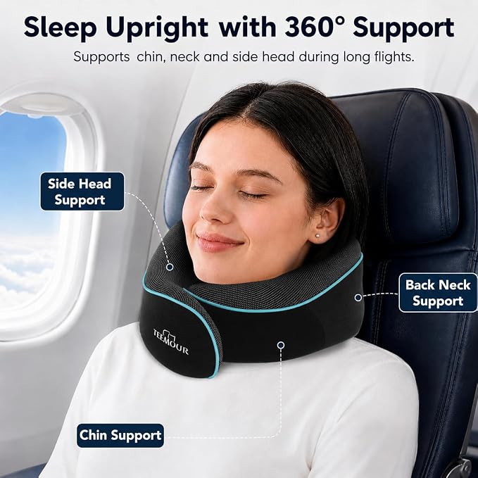 Travel Pillow Neck Pillow for Airplane Travel Essentials - Memory Foam Travel Neck Pillow, Stops Head Bobbing With Eye Mask & Earplugs, Portable Carry Bag for Long Flights| Airplane Accessories Black - Image 2