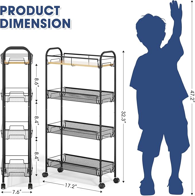 TOOLF 4-Tier Slim Rolling Cart, Metal Utility Cart, Slide Out Storage Cart with Wooden Tabletop and Mesh Baskets for Narrow Space on Kitchen Bathroom Laundry Room Bedroom Apartments Dormitory - Image 2