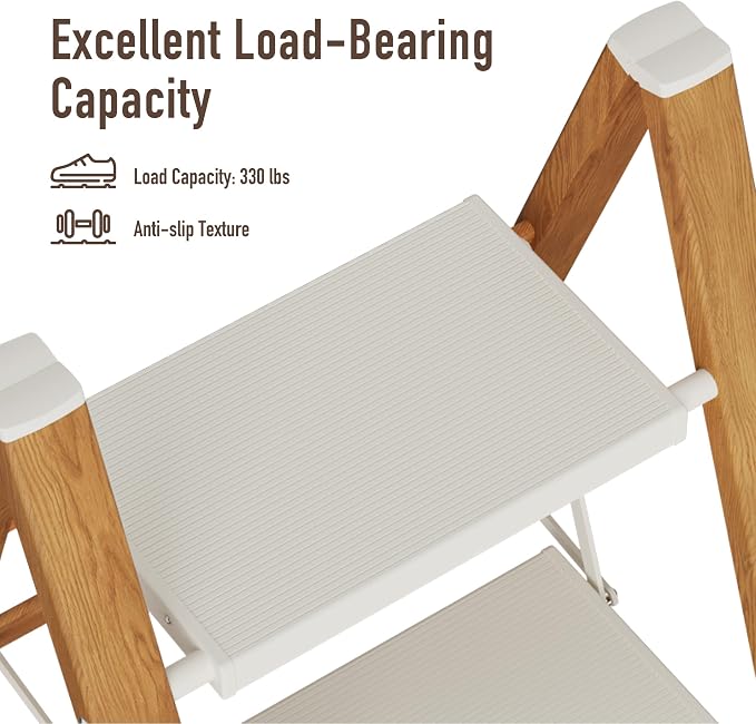 Mayi Plus 3 Step Stool Foldable, Aluminum, Lightweight Step Ladder | Extra-wide anti-slip folding steps with 330 lbs, for home,kitchen,office,outdoor,White & Woodgrain. - Image 6