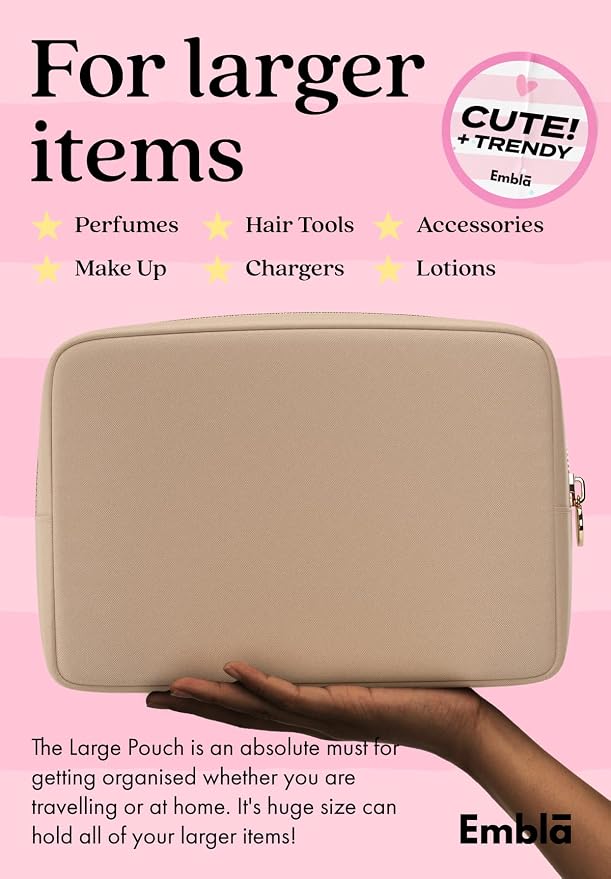 Embla Large Makeup Bag and Waterproof Nylon Travel Toiletry Bag, Large Capacity Cosmetic Zipper Pouch, Beige - Image 3