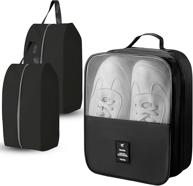 Shoe Bags for Travel Holds 3 Pair of Shoes, Shoe Storage Pouch with 2 Pack Portable Bags, Waterproof & Washable, Black by UPRIMEASY