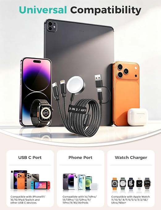 2026 Travel Essentials for Apple Watch Charger,Cruise Vacation Camping Essentials,iPhone Charger,Multi Charging Cable,3 in 2 Charging Docks for iWatch Series 11-2/Ultra,iPhone 17-12,Car,Black - Image 3