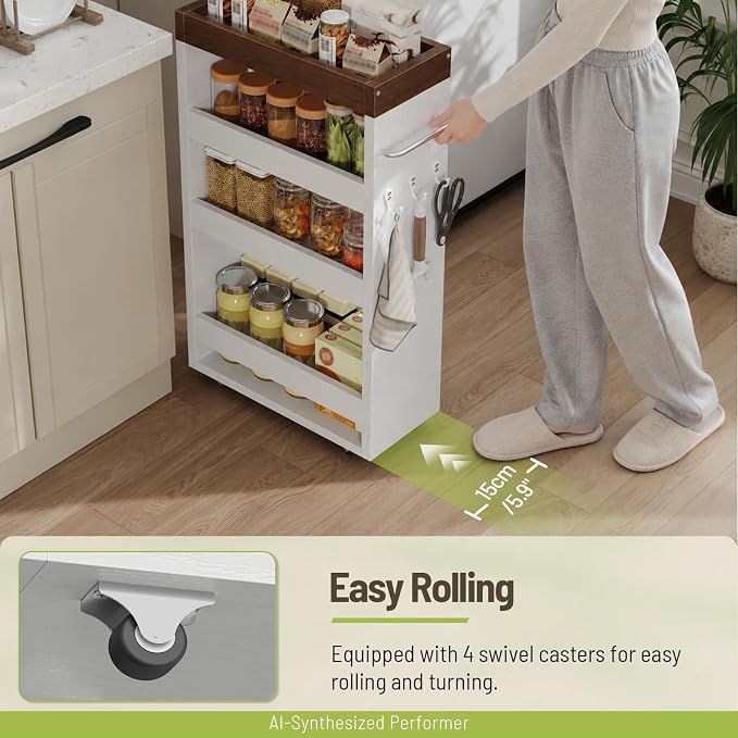 Slim Storage Cart, 4-Tier Rolling Utility Cart with Handle | Slide Out Organizer Trolley, Space Saving Narrow Shelf for Kitchen, Bathroom, Laundry Small Corners - Image 4