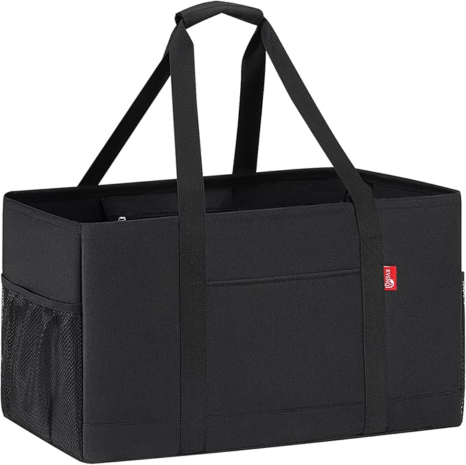 Extra Large Utility Tote Bag, Foldable Reusable Grocery Bags with Metal Wire Frame & Reinforced Bottom Board, Stand Up Large Utility Tote for Shopping, Beach Bag, Laundry, Car (Black) by RVSNQ