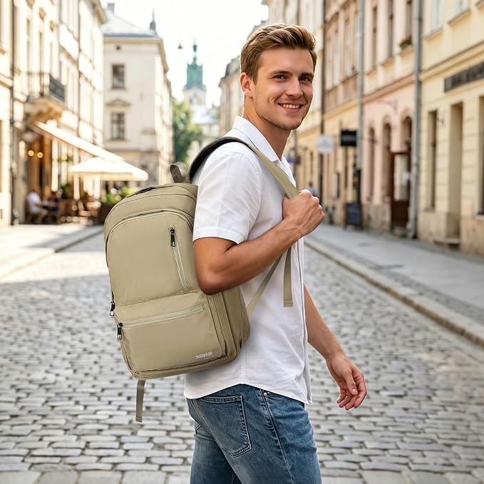 Laptop Backpack for Men & Women 15.6 Inch Office Anti Theft, Khaki | Small Work Backpack Water Resistant with Luggage Strap Theft Proof Sleek Backpack Oxford Material for Commute, Work, Travel - Image 6