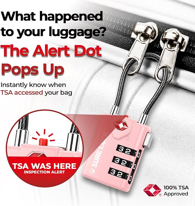 SURE LOCK TSA Approved Luggage Locks with Open Alert Indicator, 3 Digit Combination Cable Travel Lock for Suitcase, Backpack, Gym Locker, Toolbox & Travel Bag(2, Pink 2 Pack) - Image 4