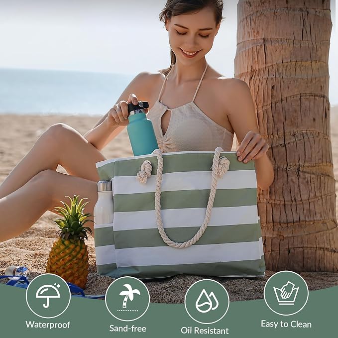 Clothirily Beach Bag for Women, Large Beach Tote Bag Waterproof with Zipper | Large Capacity Swim Pool Bag, Inner Pockets, Sandproof Foldable Beach Tote for Travel Essentials - Image 5