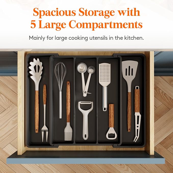 Lifewit Utensil Organizer for Kitchen Drawers, Expandable Utensil Tray | Adjustable Cooking Cutlery Silverware Flatware Holder, Plastic Spatula Tools Storage Divider, 11-18 x 14", Black - Image 4