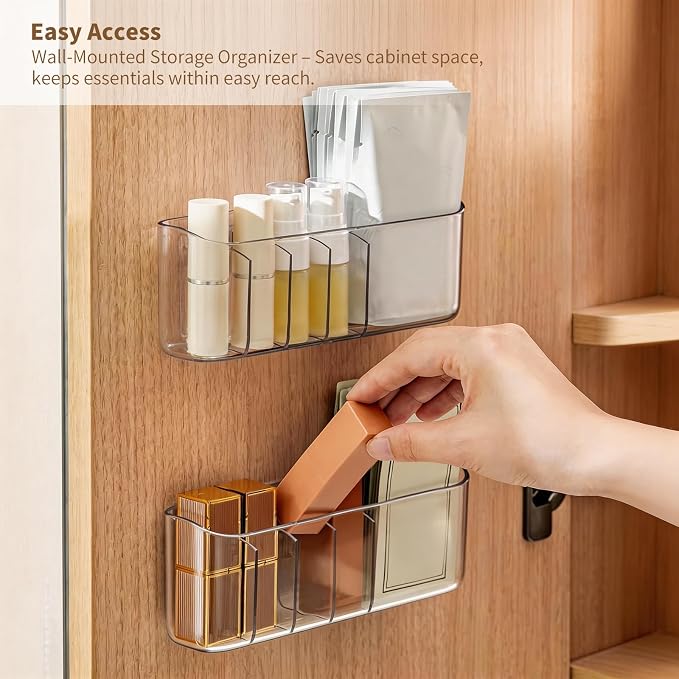 PAVSTINE 2 Pack Adhesive Medicine Cabinet Organizer, Clear Wall Mounted Makeup Storage Shelves for Bathroom Vanity, No Drilling Narrow Organizers for Door Cabinet, 5 Compartment - Image 3
