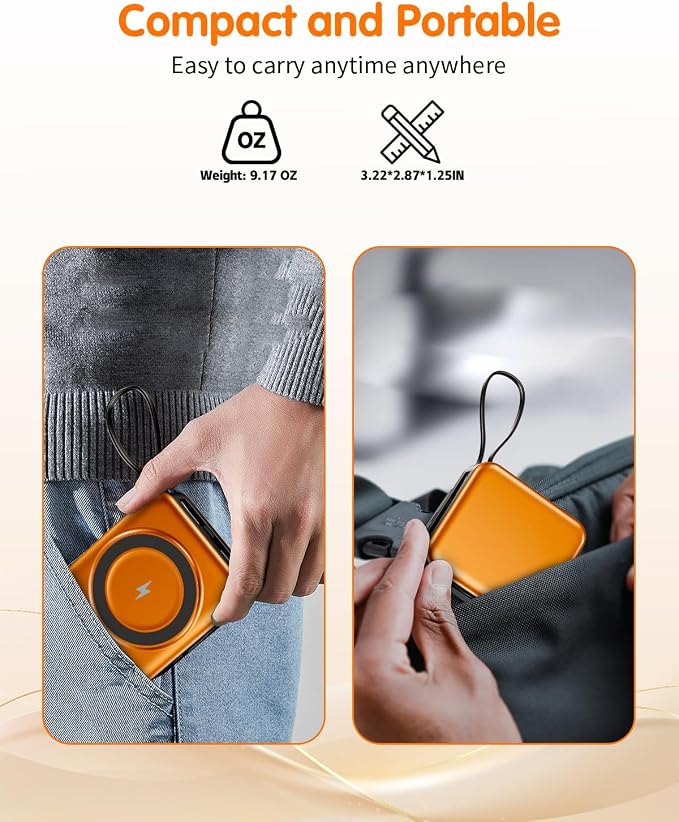 10000mAh for Magsafe Portable Charger Built-in Cables & AC Wall Plug,Orange | 6-in-1,PD 22.5W USB C Fast Charging,15W Magnetic Wireless Charging,Charge 5 devices at once,LED Display Travel Power Bank - Image 8