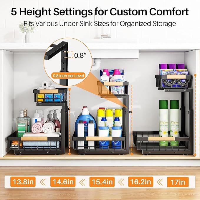 PXRACK Under Sink Organizer, Adjustable Height, 2 Tier Pull Out Under Cabinet Organizer, Slide Out Thickened Metal Under Sink Storage for Kitchen Bathroom Laundry Pantry Cabinet, Black, Small-1-Pack - Image 3