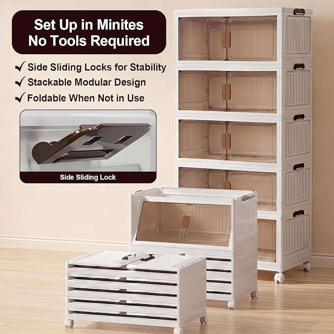 275QT Stackable Storage Bins With Lids, Collapsible Plastic Storage Bins with Wheels and Doors, Foldable Plastic Cabinets for Bedroom Dorm Garage - Image 6