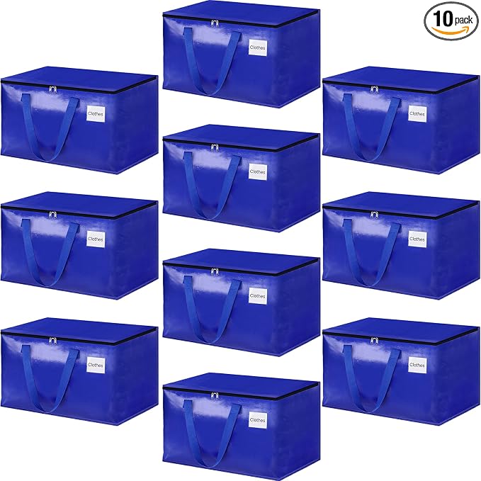 HomeHacks Moving Bags, 125L-10 Pack Heavy Duty Moving Totes | Storage Bags, Collapsible Moving Supplies, Reinforced Handles & Tag Pocket, Moving Totes with Zipper by HomeHacks