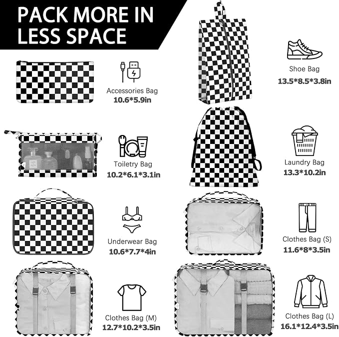KPX 8 Set Packing Cubes for Travel, Luggage Packing Organizers Accessories Large Toiletries Bag for Clothes Shoes Cosmetics (8Set-Black Checkered) - Image 2