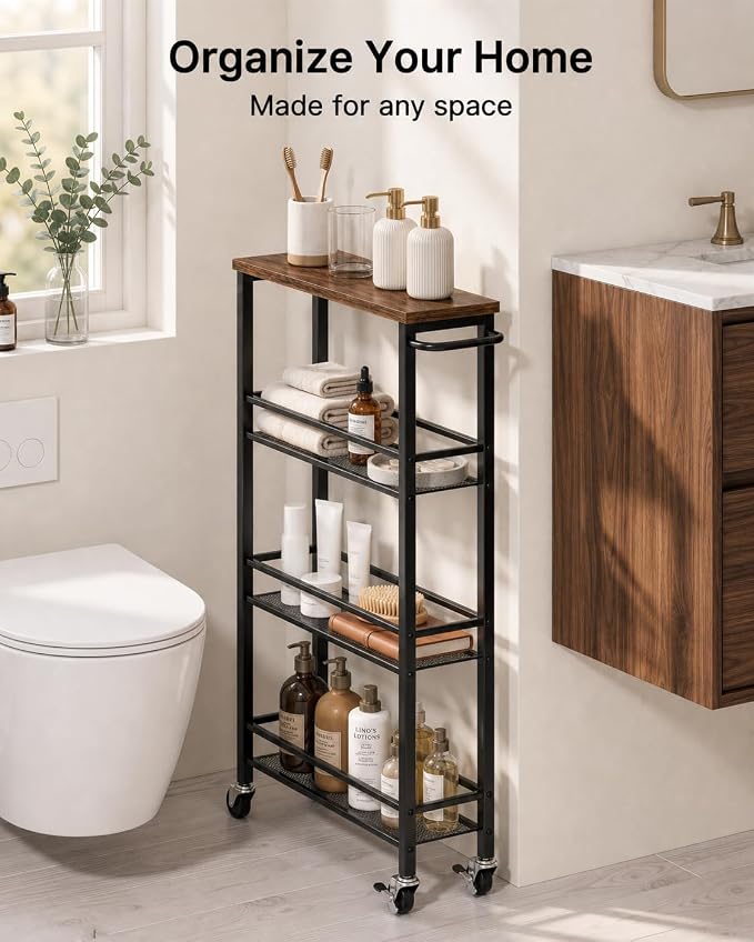 Pipishell Slim Storage Cart with Wheels - 4 Tier Rolling Kitchen Storage Cart with Handle and Wood Top, Metal Slim Bathroom Cart for Laundry Room, Bathroom, Kitchen, Narrow Space, Black & Rustic Brown - Image 4