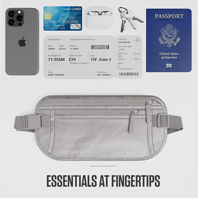 VENTURE 4TH Travel Money Belt, RFID Blocking Passport Holder - Sleek Silver - Image 7