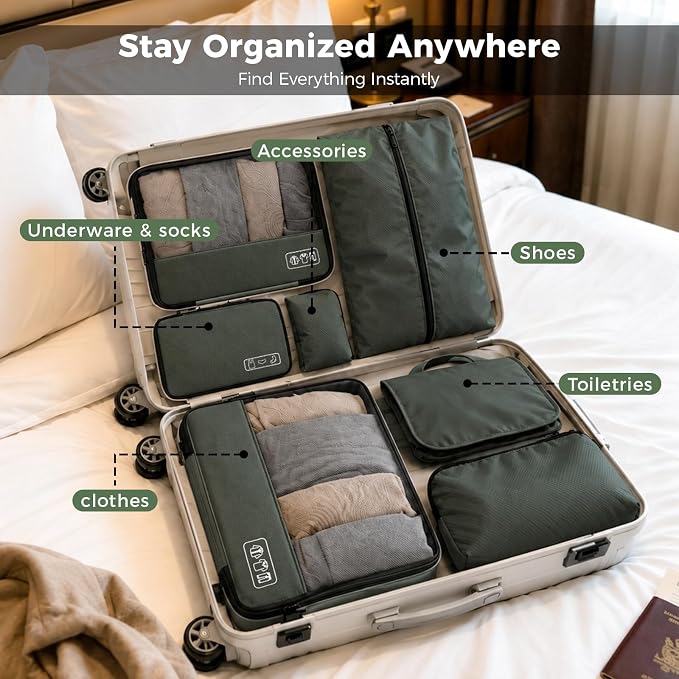 8-Piece Compression Packing Cubes for Travel, Organize Travel Essentials | Trendy Luggage Organizer Set for Young Travelers, Space-save for Carry-On, Suitcase, Vacation & Weekend Trips - Avocado Green - Image 6