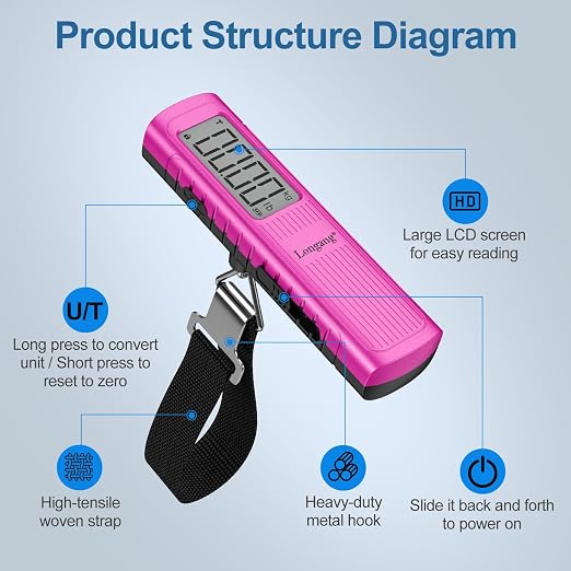 Battery-Free Digital Luggage Scale, 110lbs/50kg Portable Handheld Hanging Scale for Luggages, Suitcases, Backpacks & Bags, Easy Weighing for Travel, No Need Batteries (Pink) - Image 5