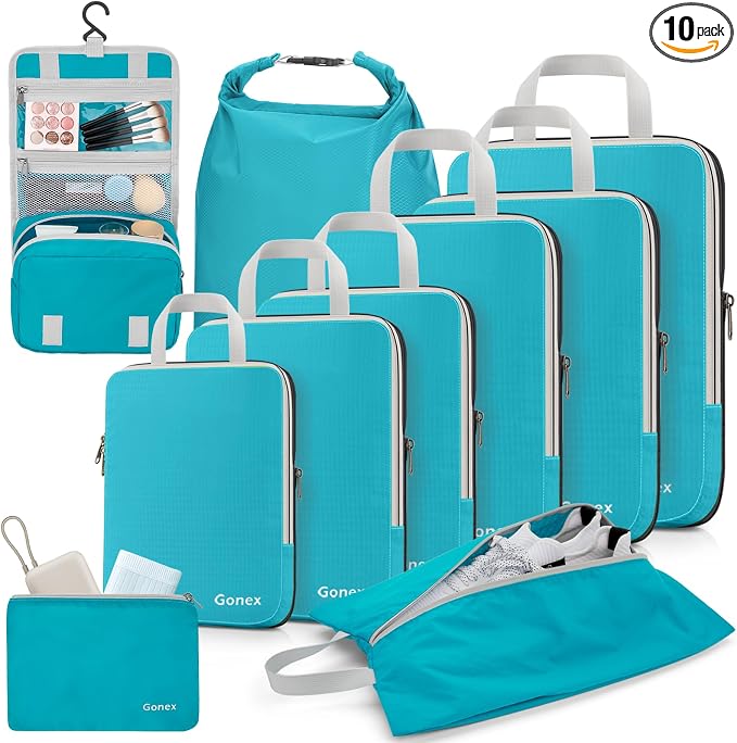 Gonex 10-Piece Compression Packing Cubes with Travel Organizer Set | Expandable Design, Hanging Toiletry Bag, Laundry Bag, Shoe Bag, Accessories Bag, Ripstop Fabric by Gonex