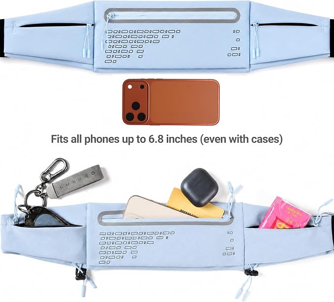 Running Belt Fanny Pack Men Women, Slim No-Bounce Waterproof Phone Holder | Adjustable Elastic Strap Fits 27-43" Hips, Detachable Race Bib Clips, Energy Gel & Sunglasses Loops, 3 IPX4 Pockets - Image 2
