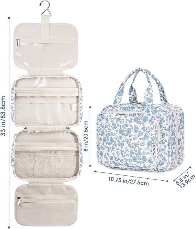 Narwey Hanging Floral Toiletry Bag for Women Travel Makeup Bag Organizer Toiletries Bag for Travel Size Essentials Accessories Cosmetics (Blue Flower (Medium)) - Image 8