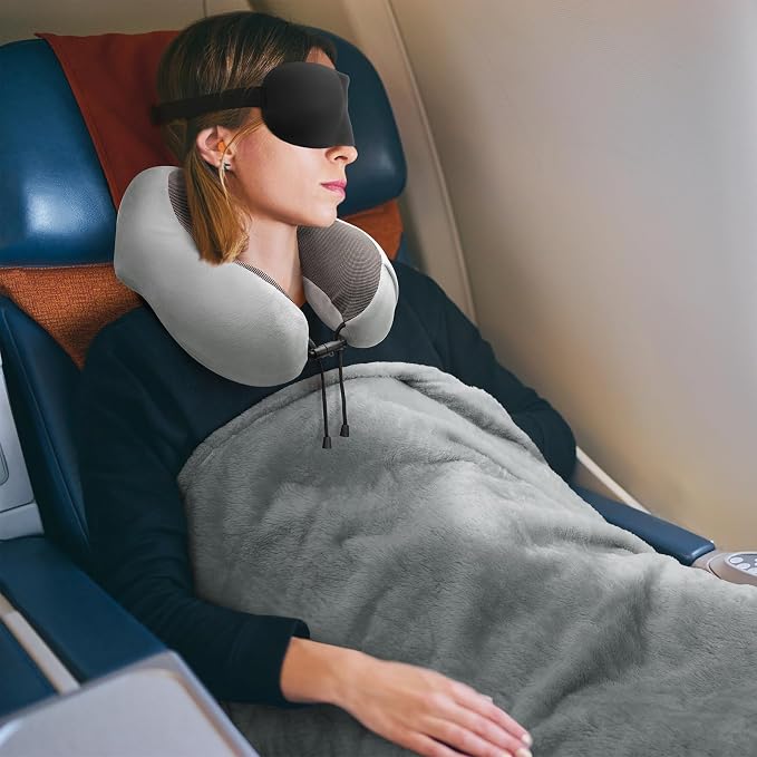 urnexttour Travel Pillow and Blanket Set Neck Pillow Airplane Foam Grey | 43x60 Inch Plane Blanket, Traveling Compact Storage Bag, Eye Mask, and Earplugs for Ultimate Flight Comfort, Women and Men - Image 8