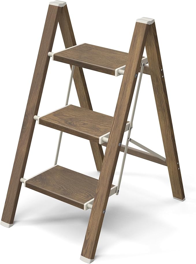 Mayi Plus 3 Step Stool Foldable, Aluminum, Lightweight Step Ladder | Extra-wide anti-slip folding steps with 330 lbs, for home,kitchen,office,outdoor,Cherry woodgrain by MAYIPLUS