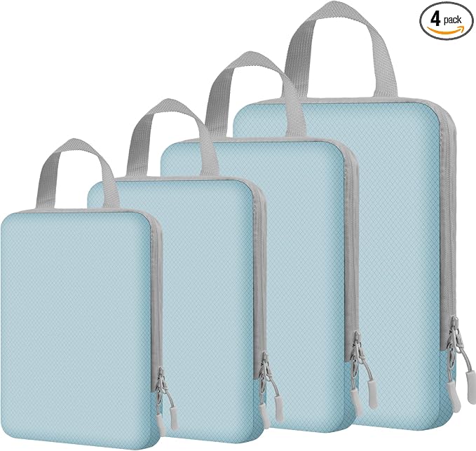 4 Set Expandable Compression Packing Cubes for 3–7 Day Travel, Solid & Plaid Fabric Travel Organizers, Double-Zipper Storage Bags for Carry-On & Suitcases(4set-Mint Green) by Unknown