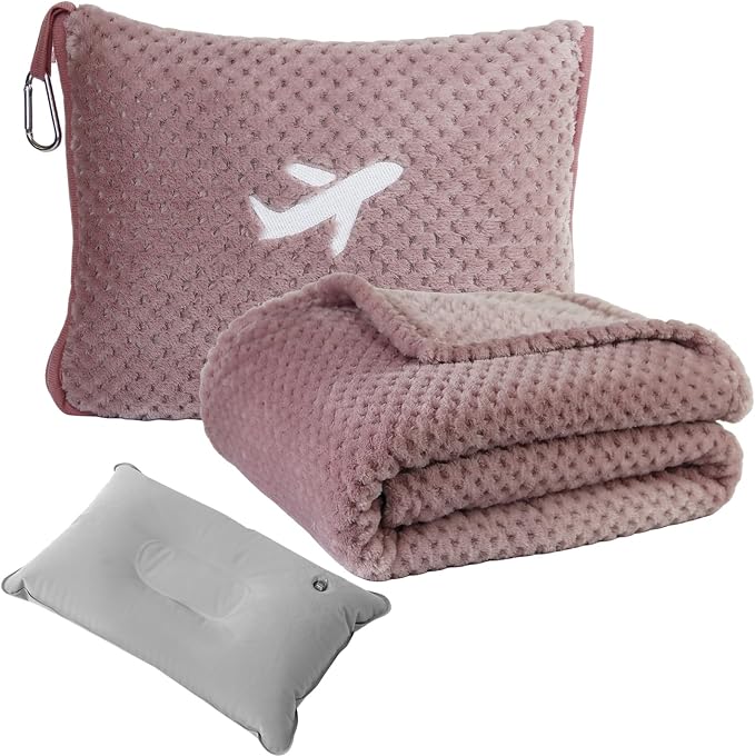 3 in 1 Travel Pillow and Blanket Set - 280 GSM Travel Blanket Airplane Compact with Bag, Inflatable Travel Pillow, Packable Airplane Blanket, Luggage Sleeve & Backpack Clip (Pink) by Nenolix