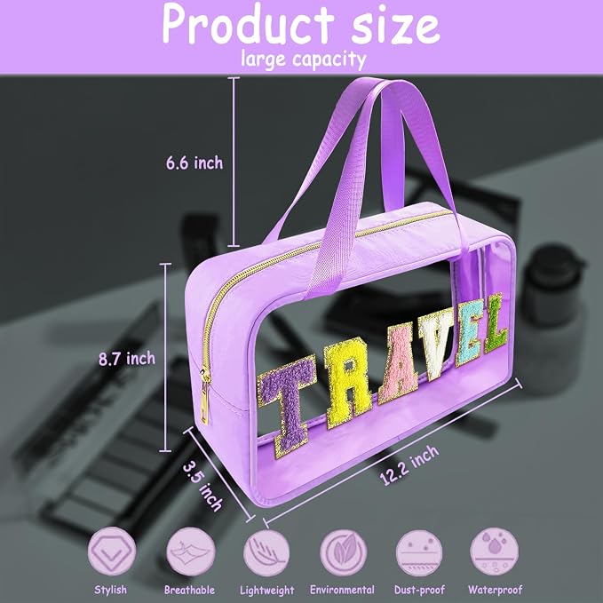 Bunliuys Chenille Letter Clear Makeup Bag Travel Patch, Travel Toiletry Makeup Bag with Handle, Nylon Waterproof Makeup Bags clear cosmetic bag, preppy patch makeup bag for Women (TRAVEL-Violet) - Image 2