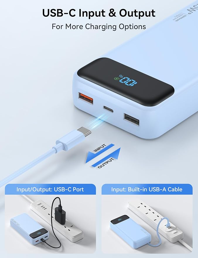Nusyddy Portable Charger 20000mAh 22.5W w/4 Built-in Cables/6 Outputs Blue | 22.5W Fast Charging, LED Display, Pass Through Charging, Charge 6 Devices at once, TSA Approved, Fits iPhone, iPad, Samsung - Image 6