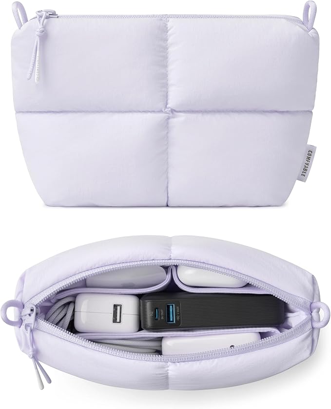 Comfyable Puffy Electronics Organizer Travel Case, Cute Tech Pouch for Women Men, Cable Storage Bag for Charger, Phone, Power Bank, Cord, Compact Tech Accessories Pouch, Lavender by Comfyable