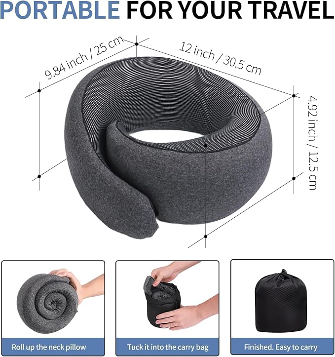 Neck Pillow Airplane, Travel Pillows for Airplanes | Memory Foam Adjustable Portable Neck Pillow for Traveling, Car Rides, and Home Use (Dark Gray) - Image 2