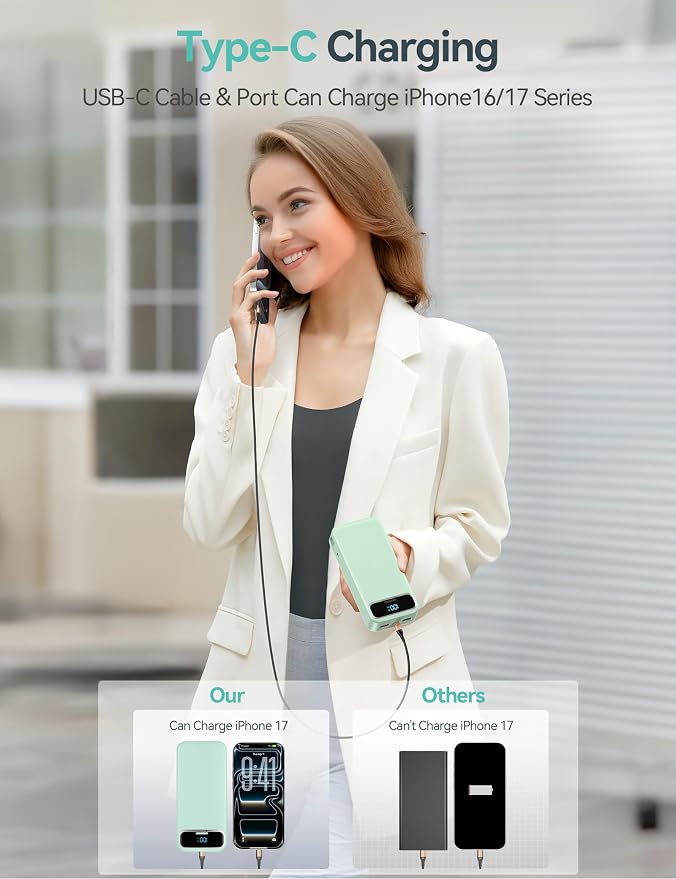 aonidi Portable Charger 20000mAh with Built-in Cables&AC Wall Plug, Green | PD20W Fast Charging,Travel Essential,TSA Approved,LED Display,All in One USB C Power Bank for All Cell Phones Devices - Image 5