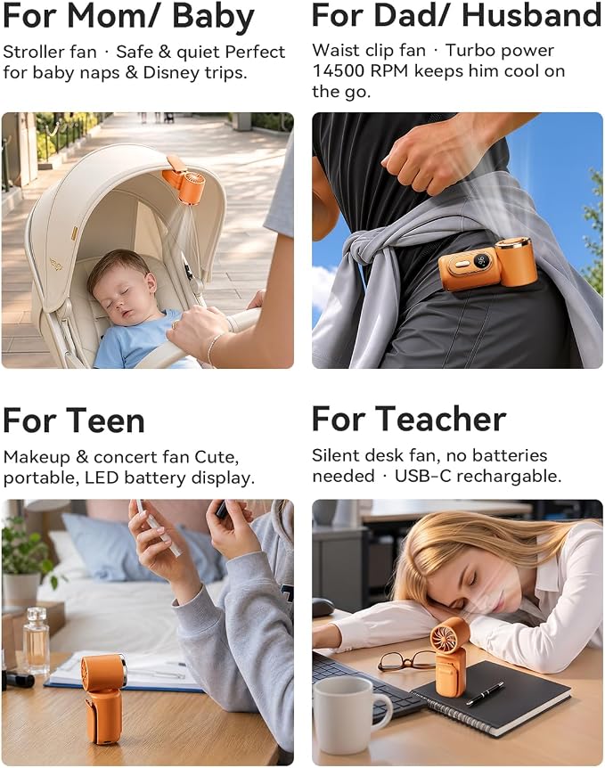 Mini Clip on Fan Handheld, 3000mAh Rechargeable Portable Fan with LED Display, 3-in-1 Personal Cooling Fan, 3 Speeds Quiet USB C Fan for Stroller Desk Travel Camping Office for Women Men Kids, Orange - Image 3