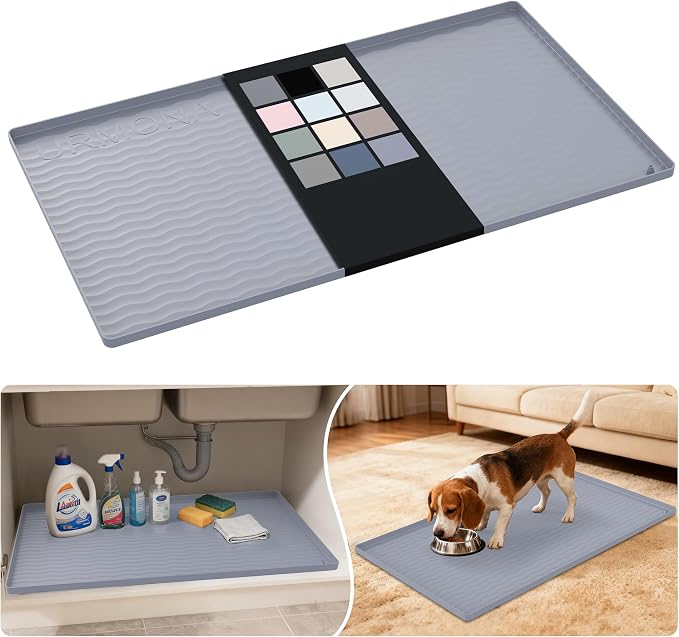URMONA Waterproof Silicone Under Sink Mat 34'' x 19'' Shelf Liner for Kitchen and Bathroom, Cabinet and Counter Protector, Storage and Organizers, Litter Mat, Pet Cat Puppy Essentials(Light Grey) by URMONA
