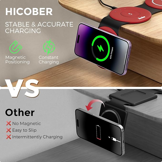 HICOBER 3IN1 Wireless Charging Station for iPhone, Watch, AirPods, Dark Red | Charge 3 devices at once, foldable, case-friendly and ready for travel - Image 3