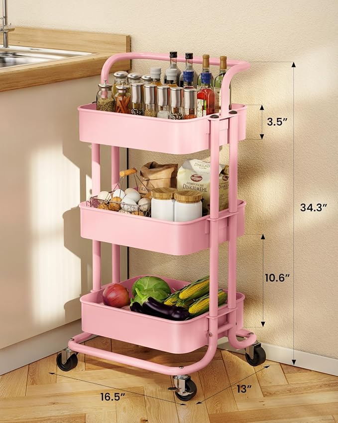 Pipishell Metal 3 Tier Rolling Cart with Handle & 2 Lockable Wheels, Pink | Four Large 2" Wheels for Easy Motion, Sturdy Metal, Hold 22 lbs per Shelf, Ideal for Nursery Room, Living Room, Painting Room - Image 3