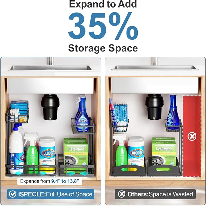 Under Kitchen Sink Organizer - L-Shaped Pull Out Shelf, 2 Pack | L-Shaped Fit Around Garbage Disposal, Adjustable Shelves, Pull Out Access, For 30-36 Inch Sink Cabinet, 2 Pack Black - Image 3