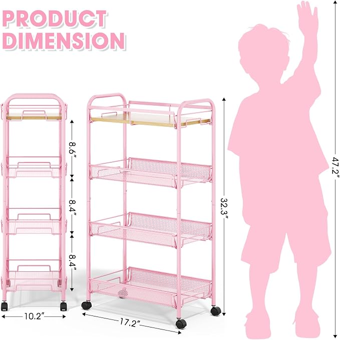 TOOLF 4-Tier Rolling Cart, Metal Utility Cart, Slide Out Storage Cart with Wooden Tabletop and Mesh Baskets, Easy Assemble Trolley for Kitchen Bathroom Laundry Room Bedroom Apartments Dormitory - Image 2