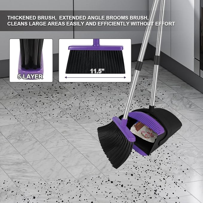 Broom with Dustpan Combo Set, 51" Household Dustpans and Broom, Standing Dust Pan Set for Home, Purple Cleaning Set for Kitchen Lobby Indoor Outdoor | Hands-Free Pet Hair Cleaning, Built-in Comb Dustpan, Space-Saving Storage, Multi-Surface Use for Home... - Image 4