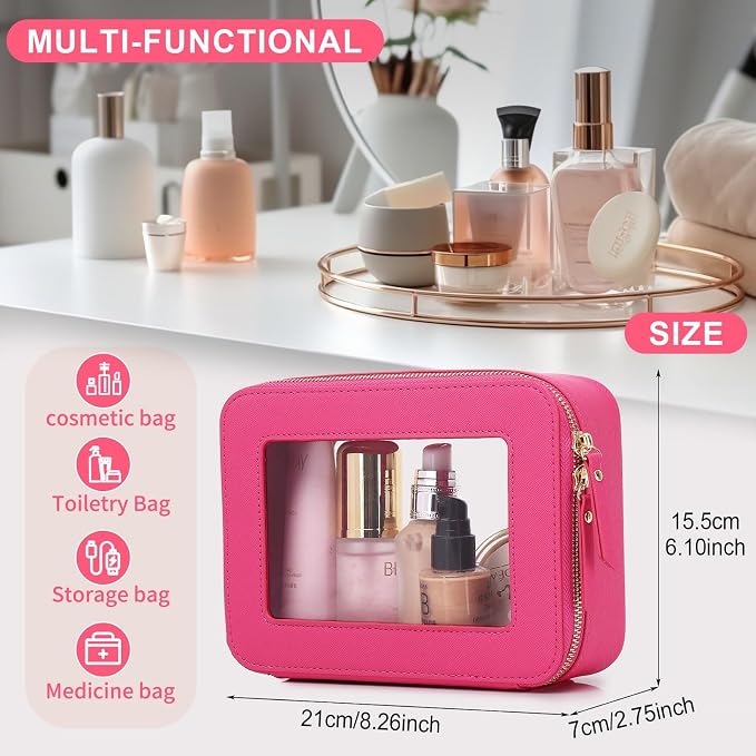 Pinkmik Clear Makeup Bag, (Fuxia, M) | Waterproof, Travel Cosmetics and Toiletries Case, Portable Makeup Organizer, Clear Car Bag with Zipper - Image 3